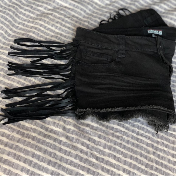 Black Jean Shorts with Fringe on Sides / Tassles - Picture 2 of 3